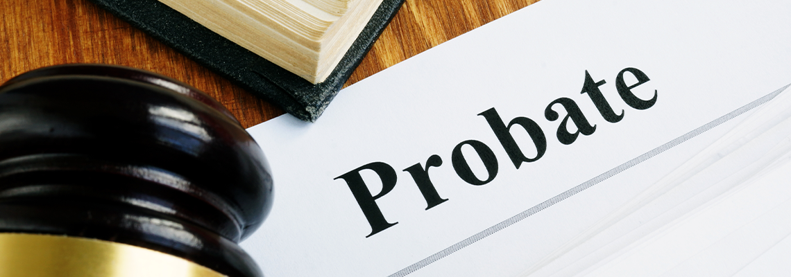 Probate sign, stack of papers and gavel