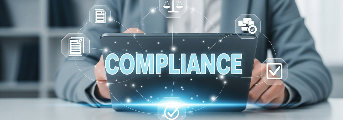 Person holding tablet displaying compliance with icons
