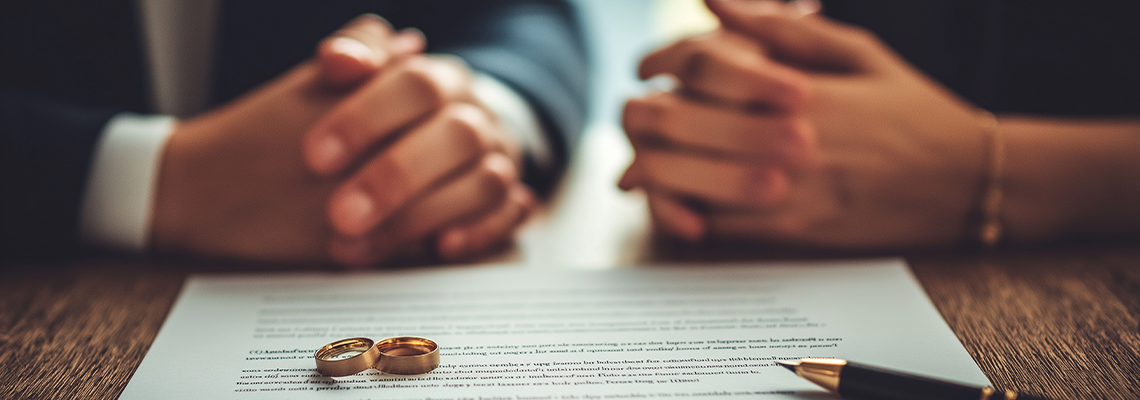 A couple with wedding rings signing divorce papers