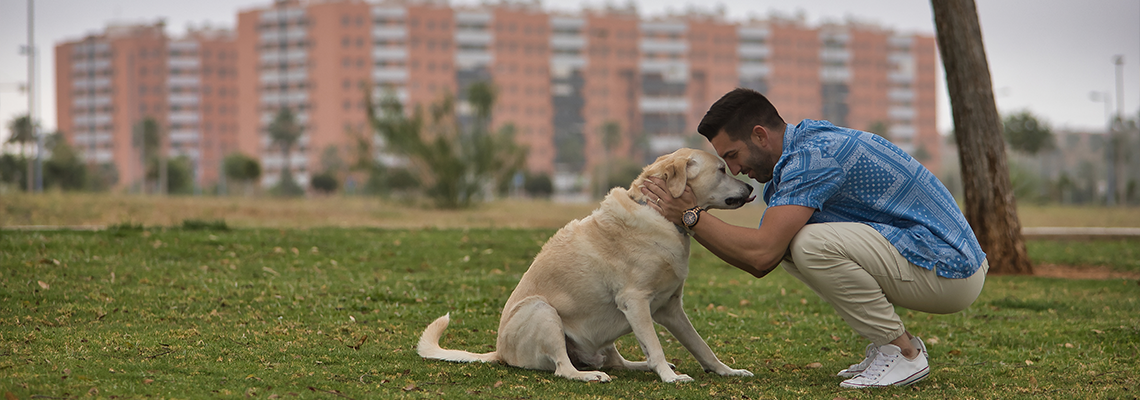 Young Hispanic man, crouching on the grass joining his forehead with his dog