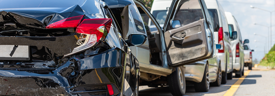 Modern car accident involving many cars on the road