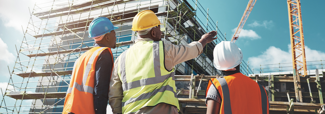 Engineering, construction site and team outdoor for building project