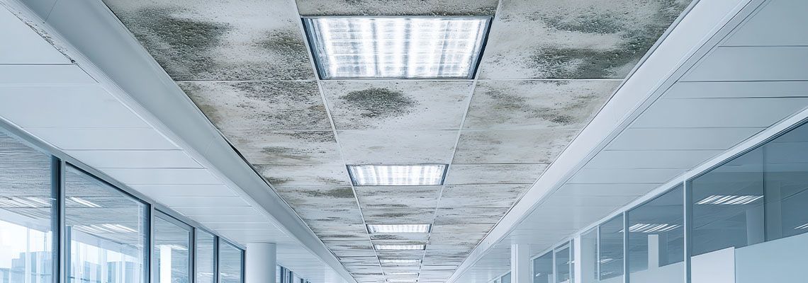 Ceiling tiles show water damage, mold stains, and poor maintenance