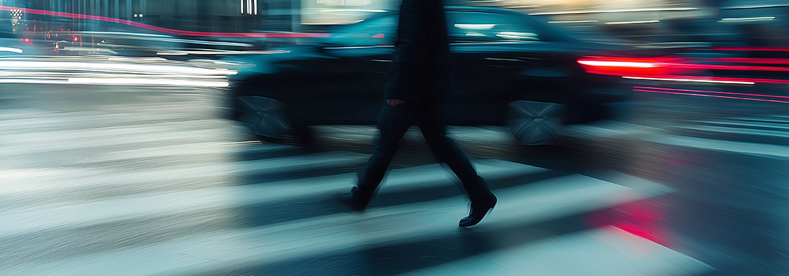 A startled pedestrian narrowly avoids disaster as a car speeds