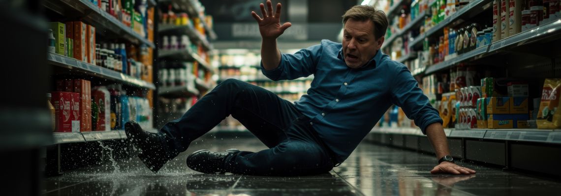 Man slips and falls in wet floor in grocery store