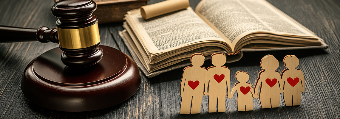 Family law gavel and old law book with family figures