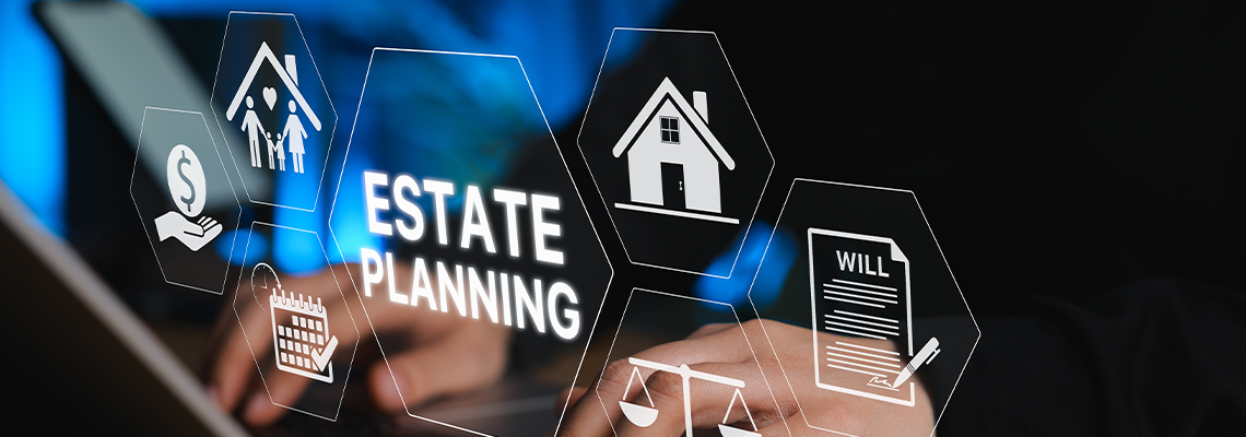 Person using laptop with icons representing estate planning