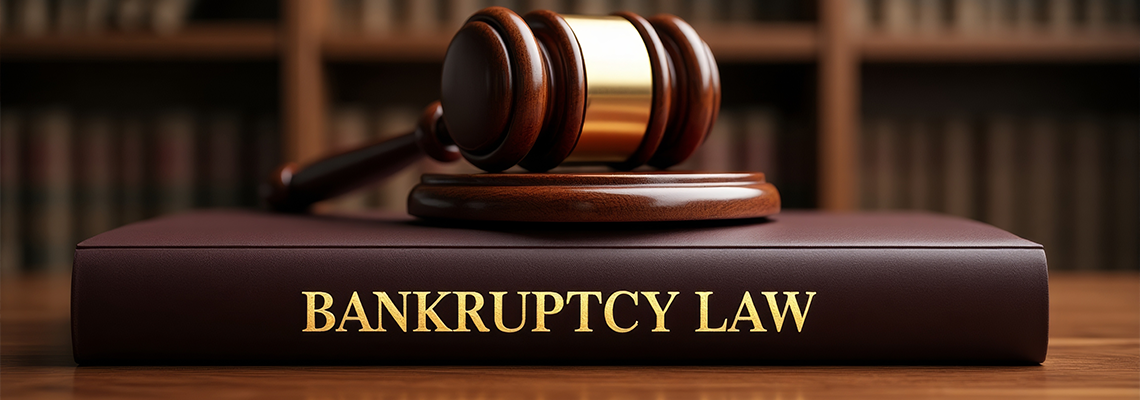 Judges gavel on bankruptcy law book