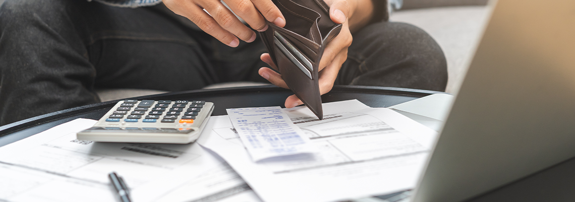 Male hand open empty wallet not have budget of money