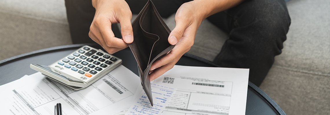 Male hand open empty wallet not have budget of money