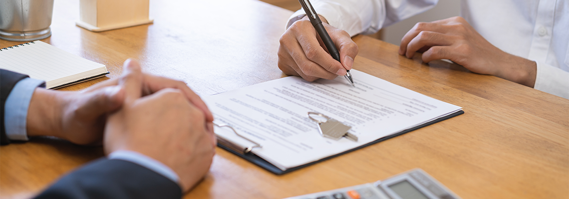 Client man sign signature contract rental purchase, buyer home or apartment with landlord