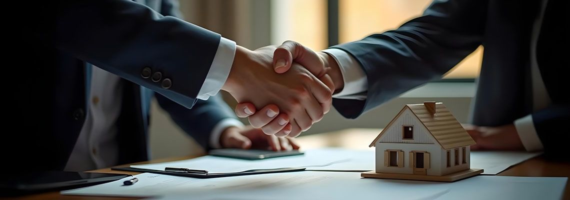 Men shaking hands after agreement to buy a property