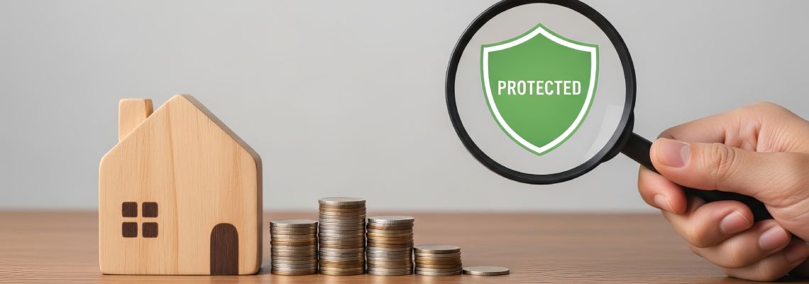 Protected shield over model house and coin stack