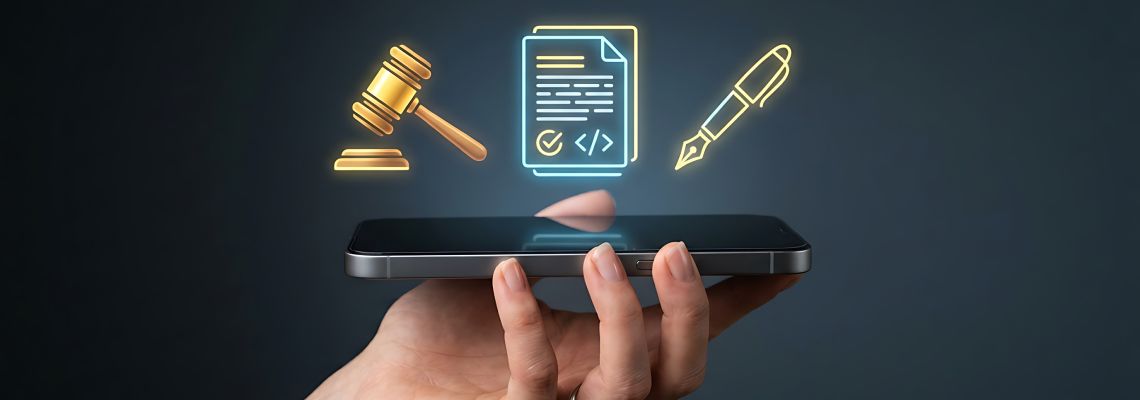 Hand holding smartphone with digital legal contract gavel and pen icon