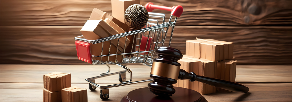 Gavel and shopping cart with parcels on wood background