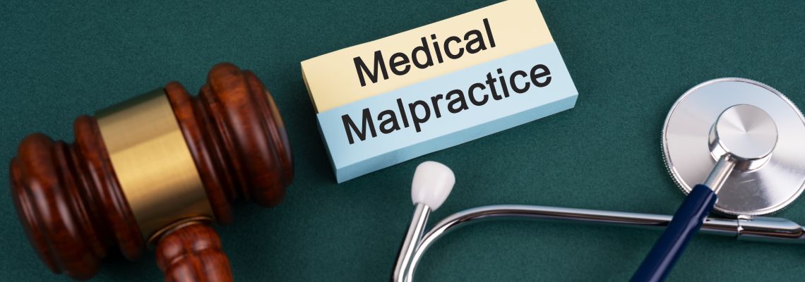 Medical Malpractice words on wooden block with gavel and stethoscope