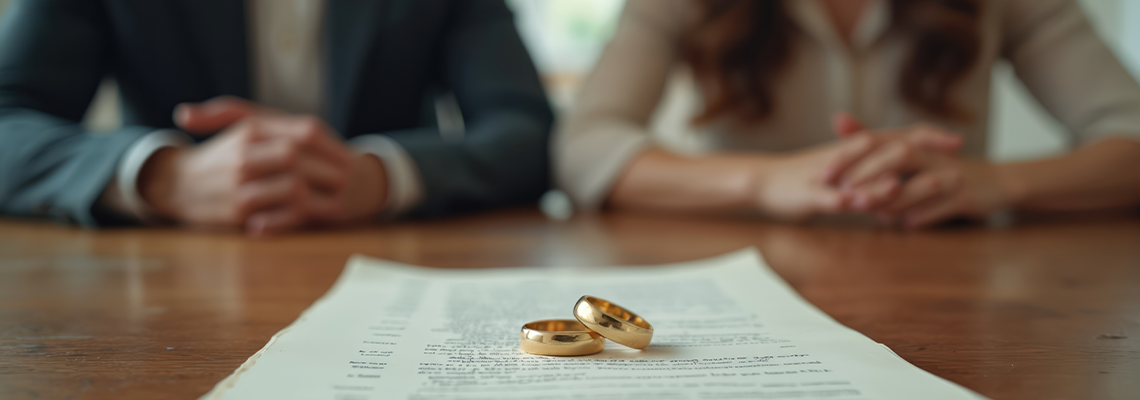 Wedding rings lying on divorce papers with blurred couple background