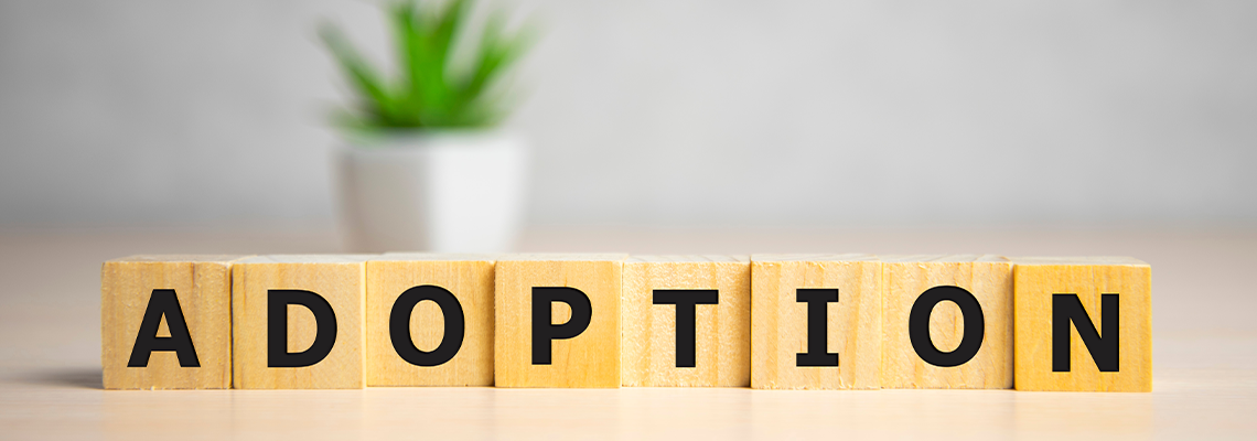 Word Adoption written on wooden blocks ob blue background