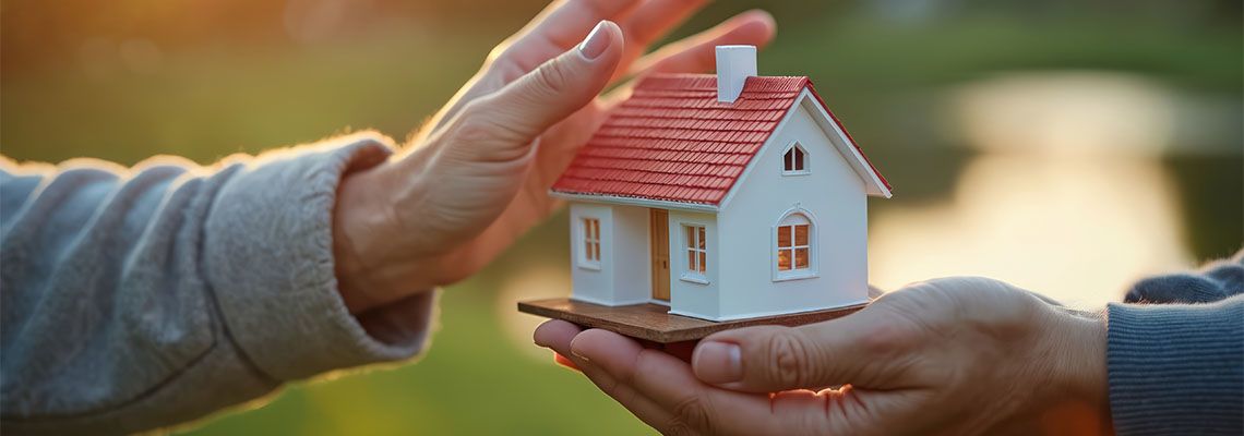 Elderly hand offers small house model to younger hand