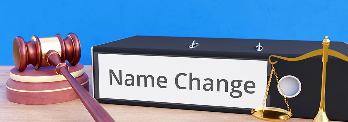 Name Change – Folder with labeling, gavel and libra – law, judgement