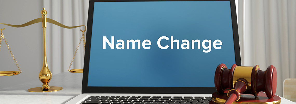 Name Change – Law, Judgment, Web. Laptop in the office with term on the screen