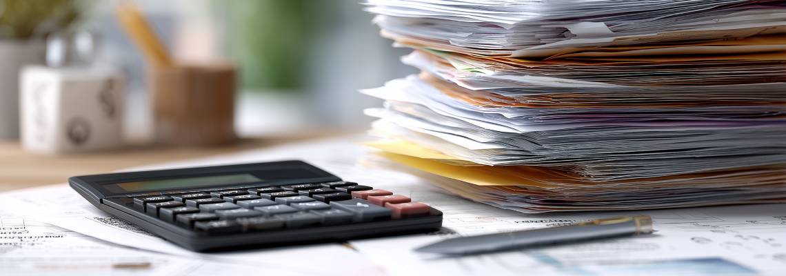 Stack of unpaid bills and calculator in table