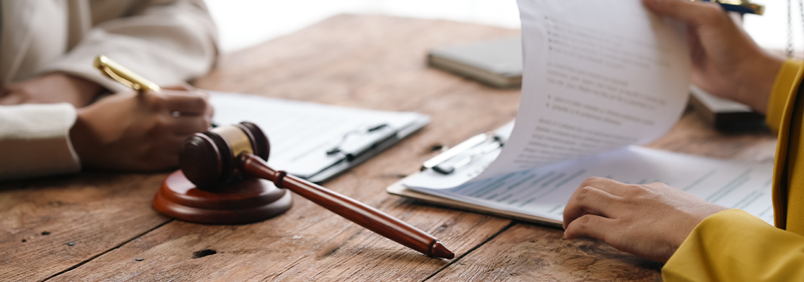 Two lawyers are discussing a legal case and reviewing a contract document