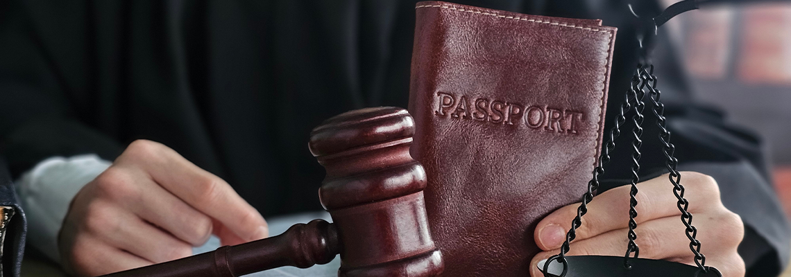 Courtroom scene featuring a judge with a gavel and a passport