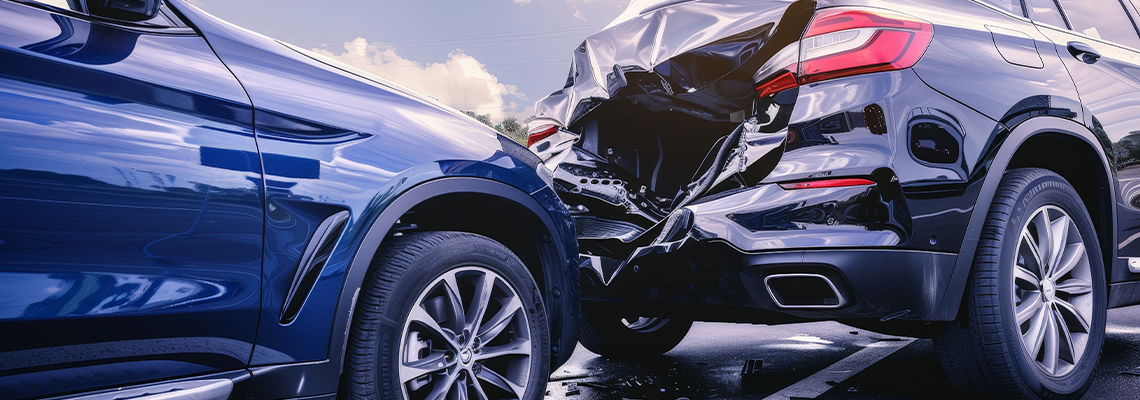 Blue car and a black SUV are involved in a rear-end collision on a road