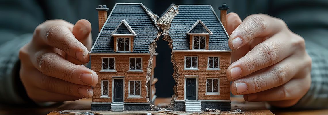 Hands dividing model house, divorce asset division concept