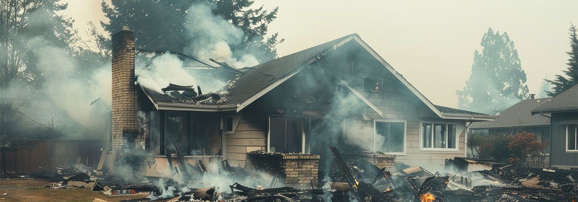Charred remains of a home with smoke still rising
