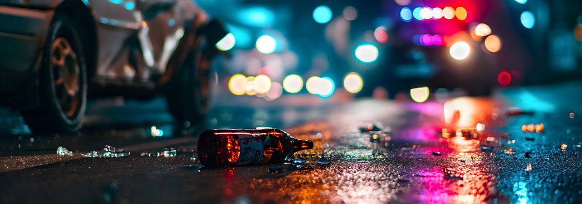 Broken alcohol bottle in road at car crash site