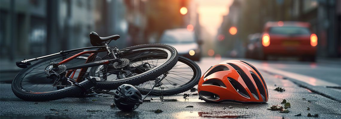 Crashed bicycle and helmet in road