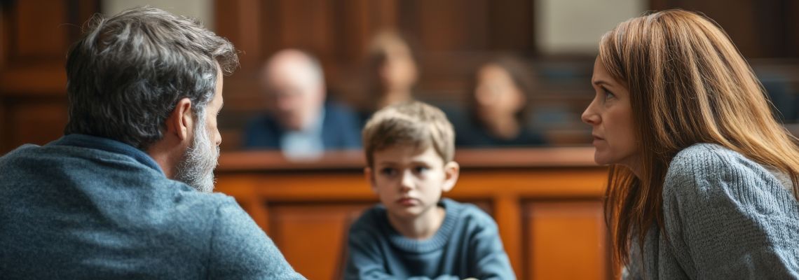 Parents fighting for child custody in courtroom