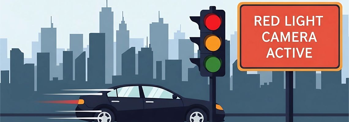 A car speeding through a red light with a “Red Light Camera Active” sign posted nearby