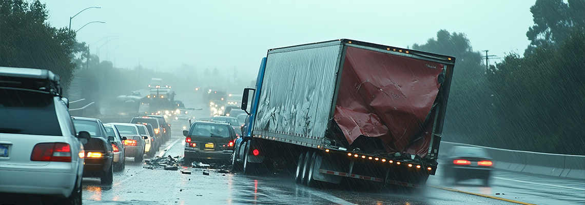 A semi-trailer truck crashed on a wet freeway