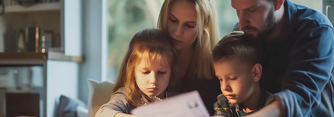 Family with children looking at higher rent bills
