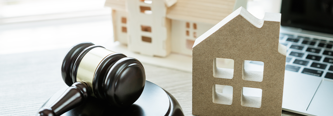 Judge gavel / house model, Ideas for foreclosure in real estate auction and bidding home