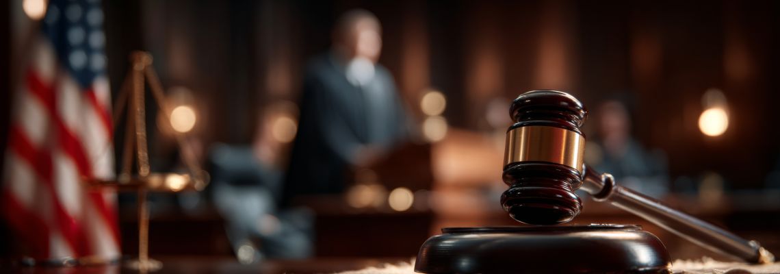 Gavel on desk in courtroom with blurred lawyer speaking