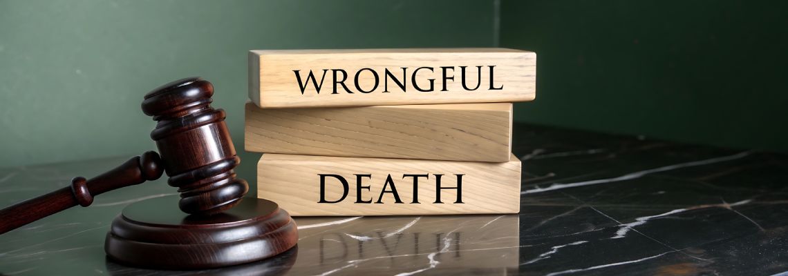 Wrongful Death words on wooden blocks with gavel on table