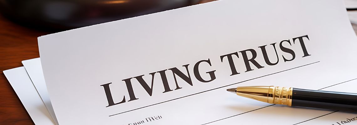Legal document titled living trust placed on a wooden desk