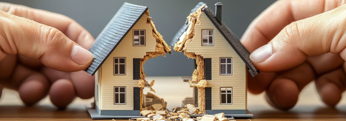 Model house split in two symbolizing divorce asset division