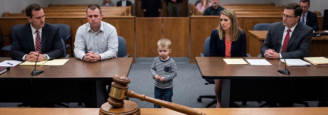 Child standing between parents in family court
