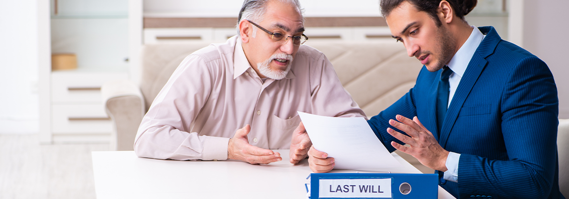 Young male lawyer visiting old man in testament concept