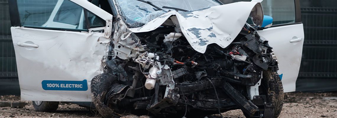 Crashed electric car in severe accident