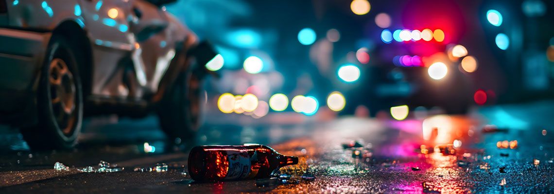 Car Accident site with alcohol bottle in road
