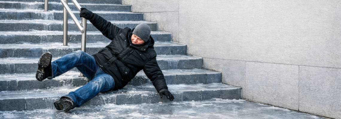 Man slips and falls on an icy staircase