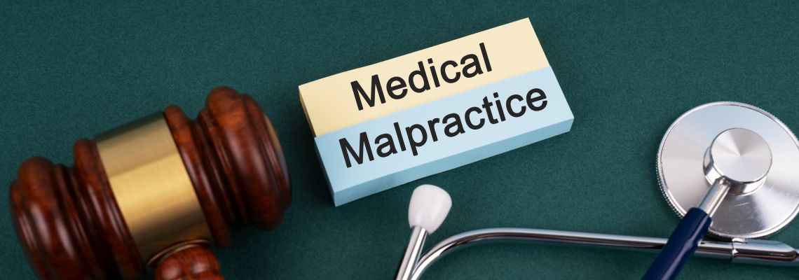 Block with Medical Malpractice Word alongside gavel and stethoscope