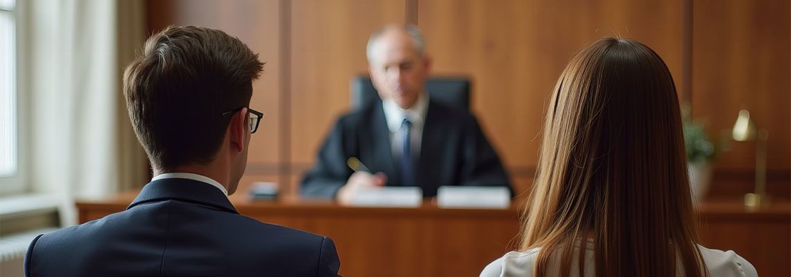 Divorcing couples Infront of judge in courtroom