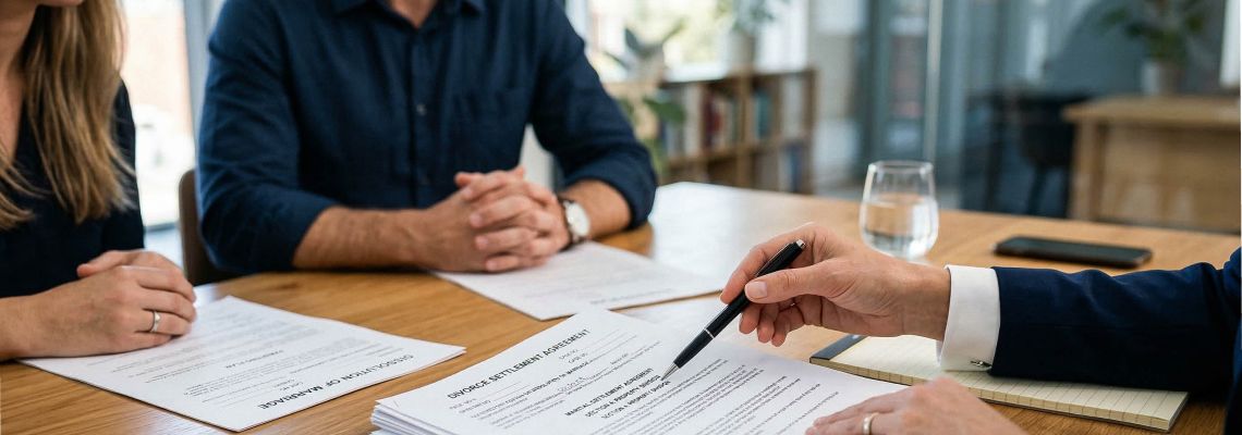 Lawyer explaining divorce settlement agreement to a couple at office table.